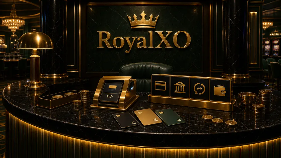 RoyalXO Bonus- und Prüfungsdesk mit integrierter Markenbeschriftung